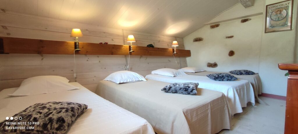 Chambre mansardée du gîte L'Orangeraie avec quatre lits simples, décoration soignée, Le Pradet.